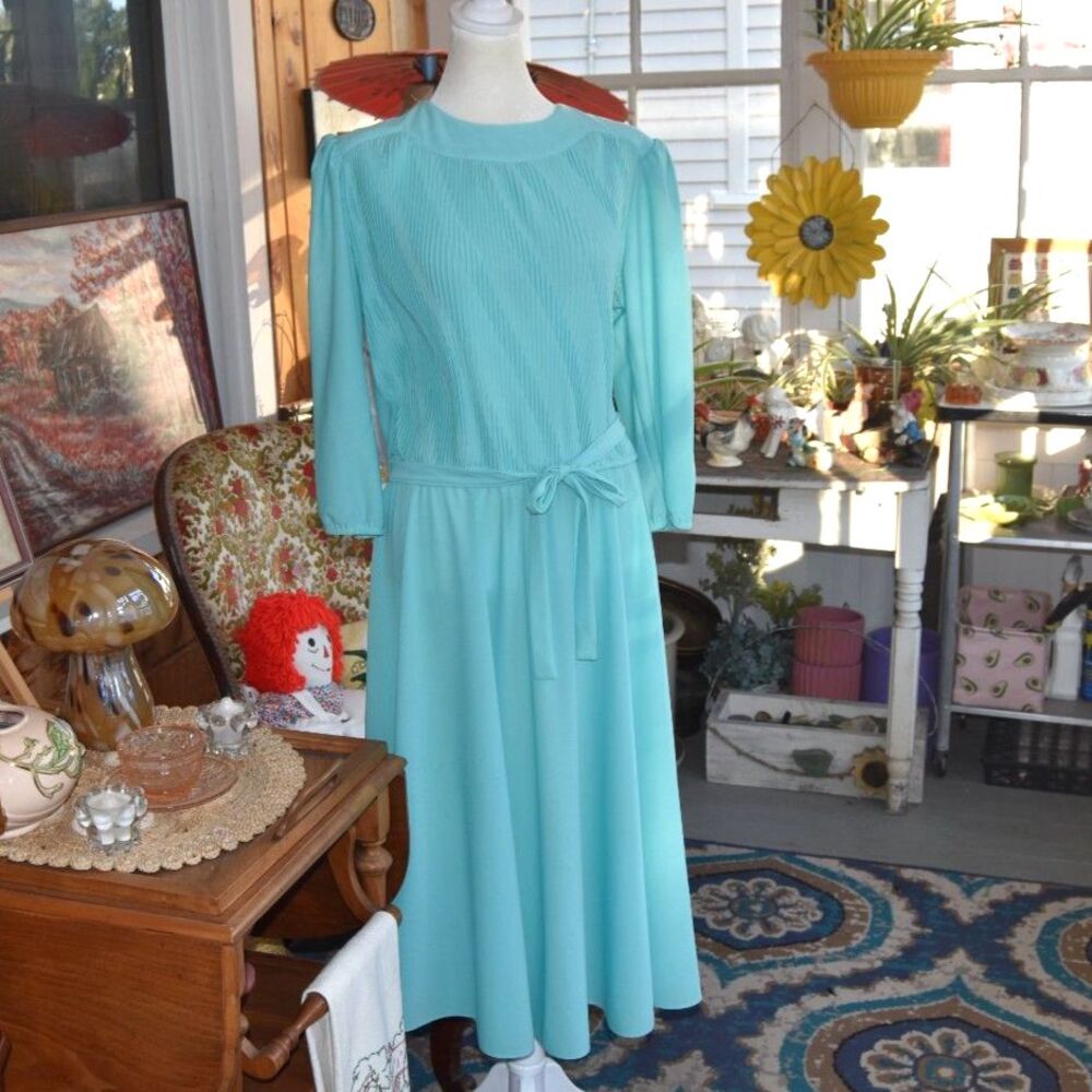 Vintage 1980s Aqua Pleated Bodice Midi Dress Belted Long Sleeve L